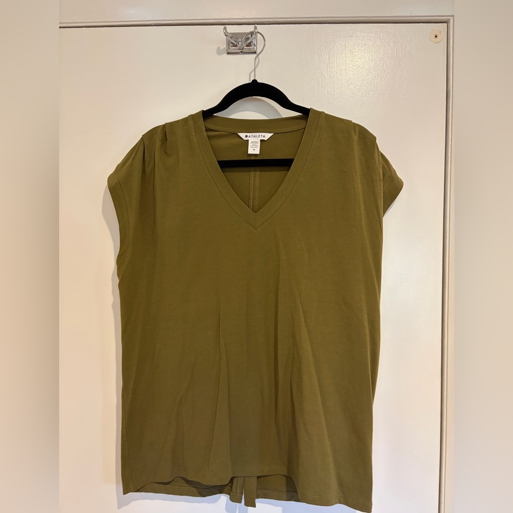 Athleta Olive Green V-Neck Cap-Sleeve Tee
